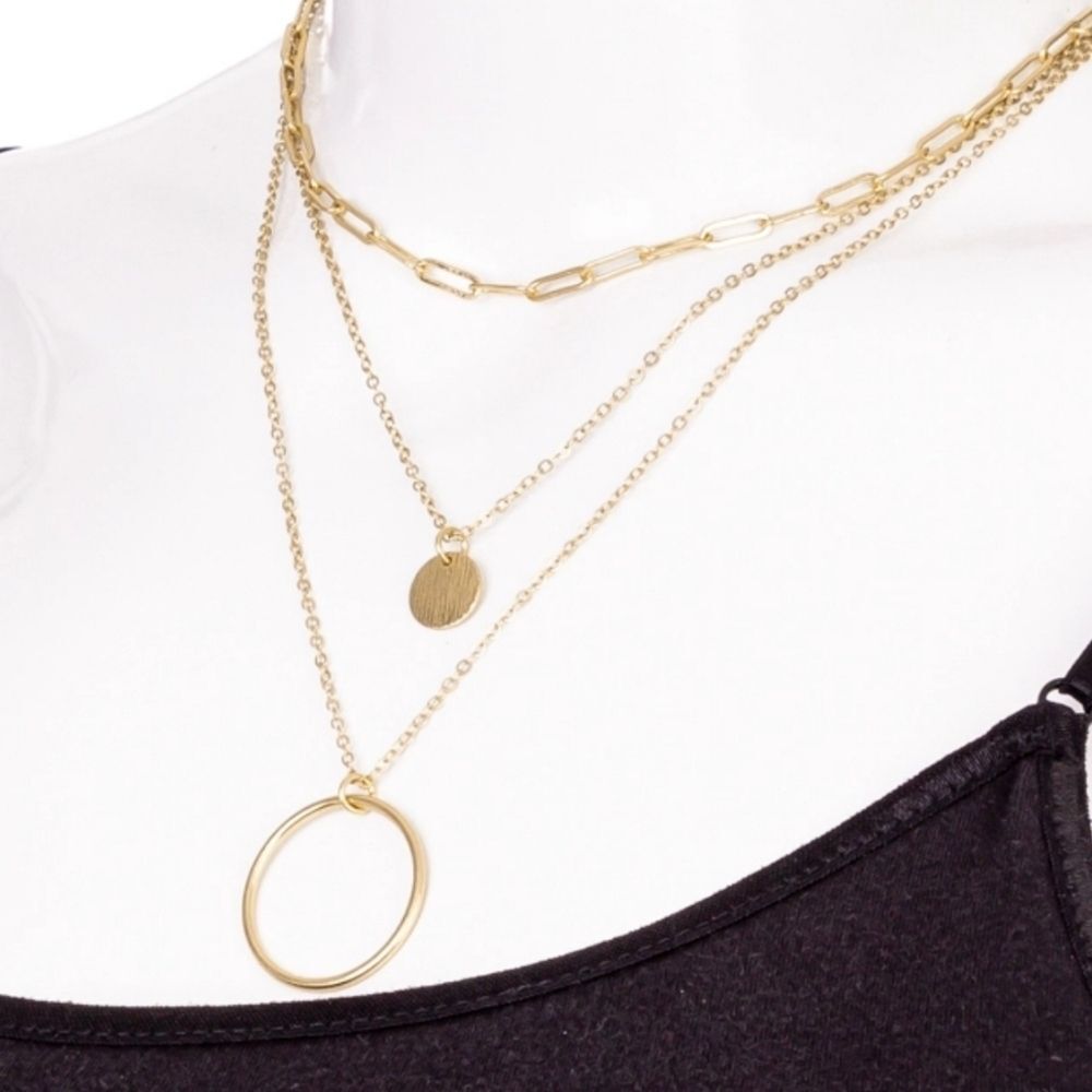 Layered Chain Circle Pendant Necklace - Picture 1 of 2